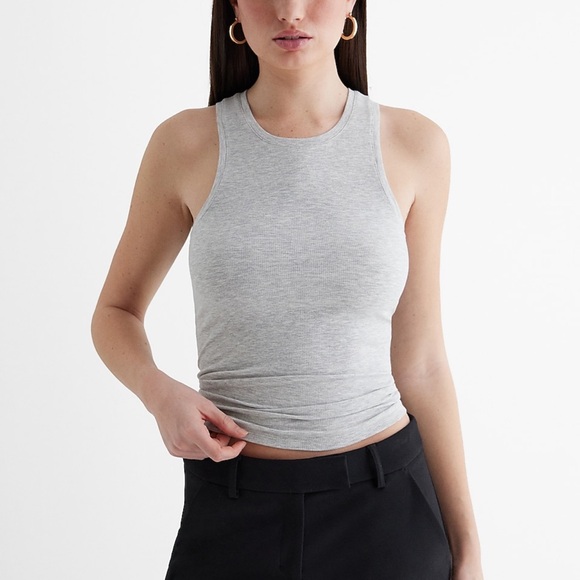 Express Womens Fitted Ribbed High Neck Tank Top Tee Silver Heather Grey Small S - Picture 1 of 9